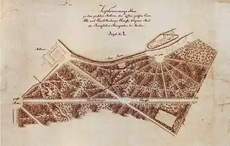 Wegefächer im Tiergarten-Plan von Peter Joseph Lenné mit den Zelten als Fluchtpunkt der Achsen, 1837