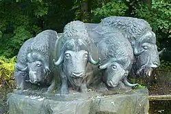 Klinkerplastik Moschusochsenherde (Zweitausformung, 1963) im Tierpark Berlin (Friedrichsfelde), am Rondell in der Nähe der Kattas.