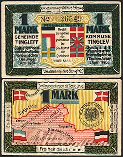1-Mark-Notgeldschein der Gemeinde Tingleff, der die beiden Grenzziehungsvorschläge darstellt