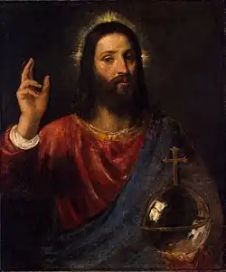 Tizian: Salvator Mundi, um 1570, Öl auf Leinwand, 96 × 80&nbsp;cm, Eremitage, Sankt Petersburg