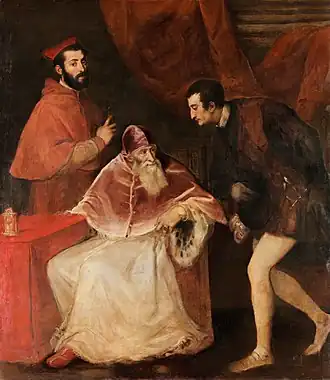 Papst Paul III. und seine Nepoten (seine Enkel Alessando und Ottavio Farnese), Gemälde von Tizian, 1546