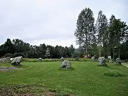 Foto einer Wiese mit mehreren größeren Steinen, die zu einem Kreis formiert sind