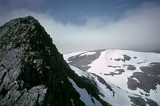 Im Vordergrund der markante Vorgipfel des Sgòr Iutharn, dahinter das breite Gipfelplateau des Geal-Chàrn