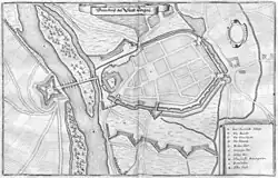 Festung Torgau mit Brücke über die Elbe und Brückenkopf-Fort, Merian-Grundriss, um 1650