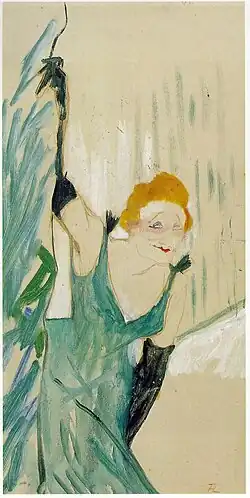 Henri Toulouse-Lautrec: Yvette Guilbert salue le public (1894), Gouache, 48 cm × 28 cm, Musée Toulouse-Lautrec