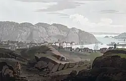 Gemälde einer kleineren Siedlung, von Meer und Felsen umgeben.