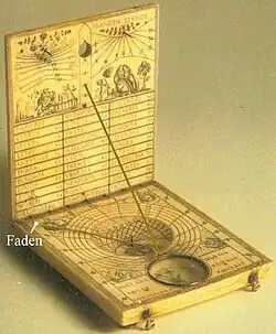 Tragbare horizontale Sonnenuhr + Kompass. Polstab: auf '"`UNIQ--postMath-00000006-QINU`"' einstellbarer Faden, extra: 1&nbsp;Skaphe + 2&nbsp;Vertikalsonnenuhren