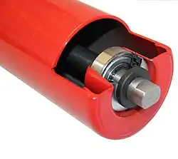 Tragrolle nach DIN 15207 (aufgeschnitten) mit Präzisionskugellager, Labyrinth-Abdichtung, Stahlblechdeckel und Regenschutzkappe