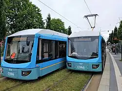 Variobahnen der CVAG an der Haltestelle Bernsbachplatz, 2021