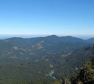 Die Hohe Bleick, der höchste Gipfel (Bildmitte) in den dicht bewaldeten Trauchbergen