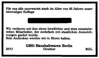 Traueranzeige eines DDR-Betriebes von 1987