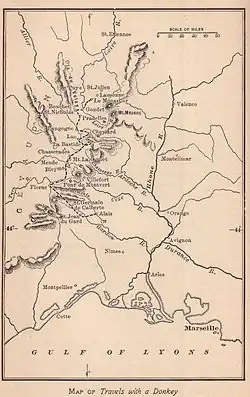 Routenkarte: Eine Reise mit dem Esel durch die Cevennen (1918)