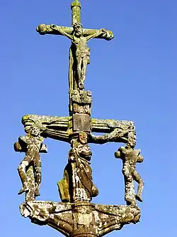 Die Schächer und Petrus unter dem gekreuzigten Jesus