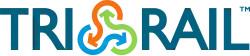 Bildmarke aus den Großbuchstaben TRI und RAIL in serifenloser Schrift in einem dunklen kobaltblauen Farbton, rechts oben ein kleines Trademark-Zeichen ™. Zwischen den Wörtern ein abstraktes Symbol aus drei ineinander verschlungenen, jeweils wie Fragezeichen geformten Linien in Orange, Hellgrün und Hellblau, an deren langen Enden jeweils eine Pfeilspitze eine Bewegungsrichtung symbolisiert.