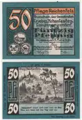 Ein Notgeldschein aus Triebes von 1921, benannt nach der historischen Herrschaft "Pflege Reichenfels". Er zeigt das Schloß Reichenfels nach einer historischen Ansicht