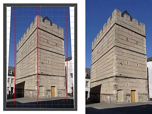 Moderat entzerrt, links: während der Bearbeitung, rote Linien zur Demonstration