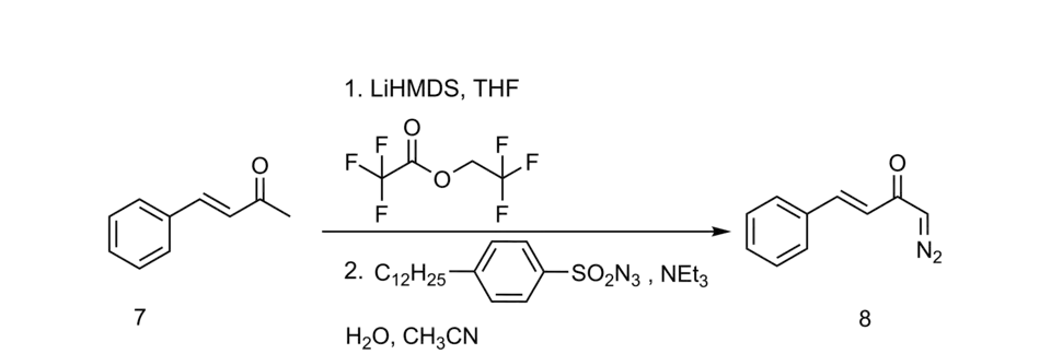 Schema Trifluoroacetylierung mit anschließendem Diazotransfer auf eine α-Ketoverbindung
