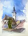 Pfarrkirche St.&nbsp;Rupert, Aquarell von Franz Bućar&nbsp;d.&nbsp;J.