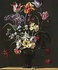 Vase mit Tulpen, Anemonen, Narzissen, Flieder und anderen Blumen, Öl auf Leinwand, 55,2 × 47 cm, Privatsammlung (?). Das Bild wurde möglicherweise oben und an den Rändern beschnitten.