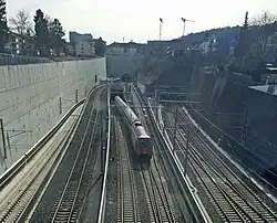 Tunnels bei Oerlikon: Wipkingertunnel (Mitte), Weinbergtunnel mit Zug (links), Käferbergtunnel (rechts), 2015