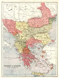 „Turkish Croatia“ auf einer Landkarte des europäischen Teils des Osmanischen Reiches von John Bartholomew aus dem Jahr 1870.