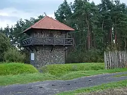 Wp&nbsp;4/49 von Nordwest, mit rekonstruiertem Palisadenstück, Wall und Graben im Vordergrund