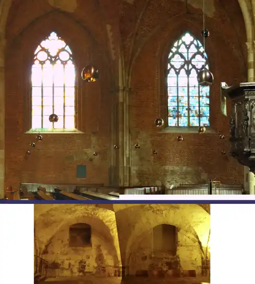 Fotogramme der Nordwände von Schiff und Beinkeller, positioniert anhand einer Bauaufnahme der BEK von 1992. Die Oberkante des violetten Balkens ist das Fußbodenniveau des Schiffs. Der Keller liegt hier etwas zu tief zwecks Darstellung seiner Gewölbe.