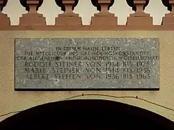 Unterer Zielweg 36, Dornach. In diesem Hause lebten die Mitglieder des Gründungsvorstandes der Allgemeinen Anthroposophischen Gesellschaft. Rudolf Steiner von 1914 bis 1925, Marie Steiner von 1914 bis 1936, Albert Steffen von 1936 bis 1963.