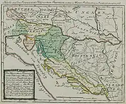 Das osmanische „Türkisch Croatien“ (grün umrandet) auf einer Karte der Illyrischen Provinzen aus dem Jahr 1813.