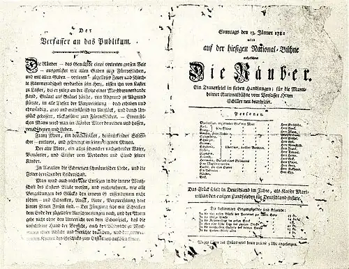 Theaterzettel zur Uraufführung der Räuber von Friedrich Schiller am 13. Januar 1782
