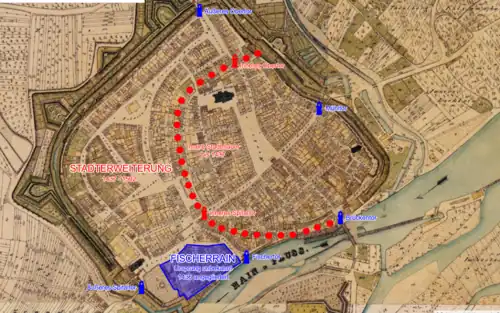 Stadterweiterung ab 1436/37 eingezeichnet auf dem Bayerischen Urkataster von 1808–1864