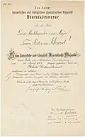 Verleihungs­urkunde für das Militär­verdienst­kreuz, 1902.