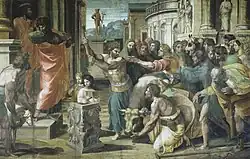 Renaissance painting depicting the sacrifice at Lystra. In an ancient Greek townscape, a cow is brought before a small altar, and held by a kneeling man with her head down while another raises an axe to kill her. A group of people look with worshipful gestures towards two men who stand on the steps behind the altar. One of the men turns aside and rends his clothes, while the other speaks to the people. A crutch lies abandoned in the foreground and a statue of Hermes is at the end of the square.