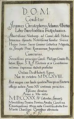 Epitaphinschrift Christoph Adam Vöhlin von Frickenhausen, aus dem Thesaurus Palatinus