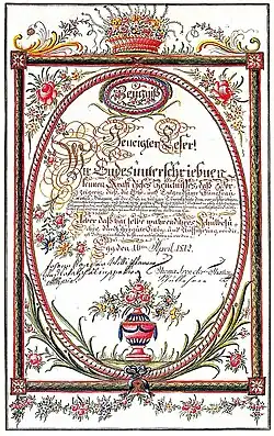 Zeugnis der Trivialschule für „die Ehr- und Tugendsame Jungfrau“ Dorothea Vilamin (der Name selbst wurde unleserlich klein geschrieben) „Egg den 18ten April 1812.“