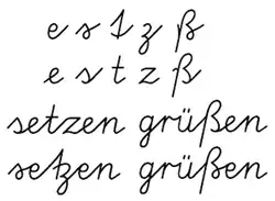 2. Zeile: modifizierte Buchstaben in der VA Plus (2014); 3.&nbsp;Zeile: Beispielwörter. Zum Vergleich die VA von 1972 (1.&nbsp;und 4.&nbsp;Zeile).