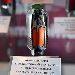 40-mm-Patrone VOG-25 (7P17), welche u. a. vom GP-30 verschossen wird[6]