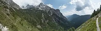 Das obere Val d’Algone (rechts) mit dem Val di Sacco (links), dazwischen die Cima della Finestra