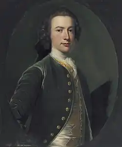 Valentine Morris (1727–1789), Governor of Saint Vincent, Ölgemälde von Allan Ramsay. Ein jugendlicher Mann mit hellem Gesicht, einer Perücke und einem dunkelgrünen Gehrock.