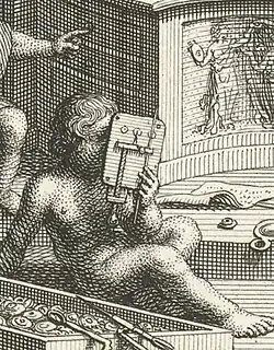 Ausschnitt aus der Katalogtitelseite der Versteigerung von 1747 mit einem dreilinsigen Mikroskop, das sich eine Putte vor das Auge hält, jedoch ohne erkennbares Präparat.