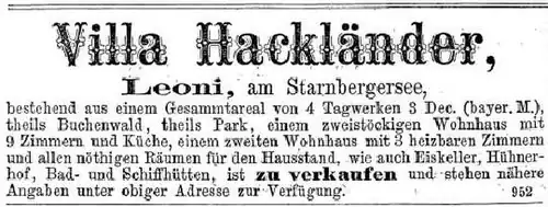 Verkaufsanzeige für Hackländers Landhaus in Leoni, 1877.