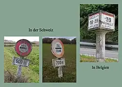 Zusammenstellung zweier Zollschilder in der Schweiz und einem Borne d'Angle in Belgien