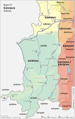 Die Sprachkarte zeigt die Verteilung der Verben „kämmen“ und „strählen“ in Bayerisch-Schwaben sowie in angrenzenden Teilen Oberbayerns.