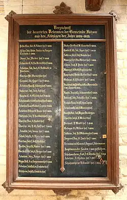 Gedenktafel 1808–1815 Verzeichnis der decorirten Veteranen der Gemeinde Bützow aus den Feldzügen