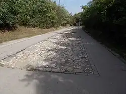 Von Büschen umstandener Hohlweg mit moderner Asphaltdecke. In der Mitte der Straße ein langer rechteckiger Bereich mit sehr alt wirkendem hellen Kopfsteinpflaster.