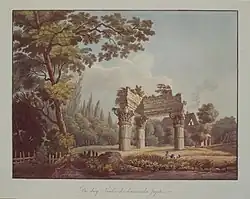 Viktor Heideloff: Drei Säulen des Donnernden Jupiter, hinten: Wirtshaus zur Stadt Rom, 1795.