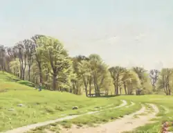 Familie beim Waldspaziergang auf sonniger Lichtung, 1895