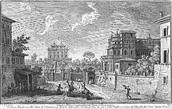 Historischer Kupferstich eines Straßenzuges mit mehreren Gebäuden