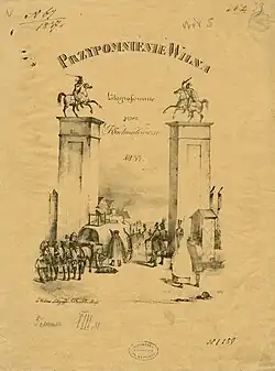 Die Weißen Säulen von Vilnius (1818–1840) mit Vytis, die später durch die Doppeladler ersetzt wurden