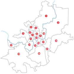 Grafische Karte der 21 Stadtbezirke von Vilnius mit ihrer Nummerierung.